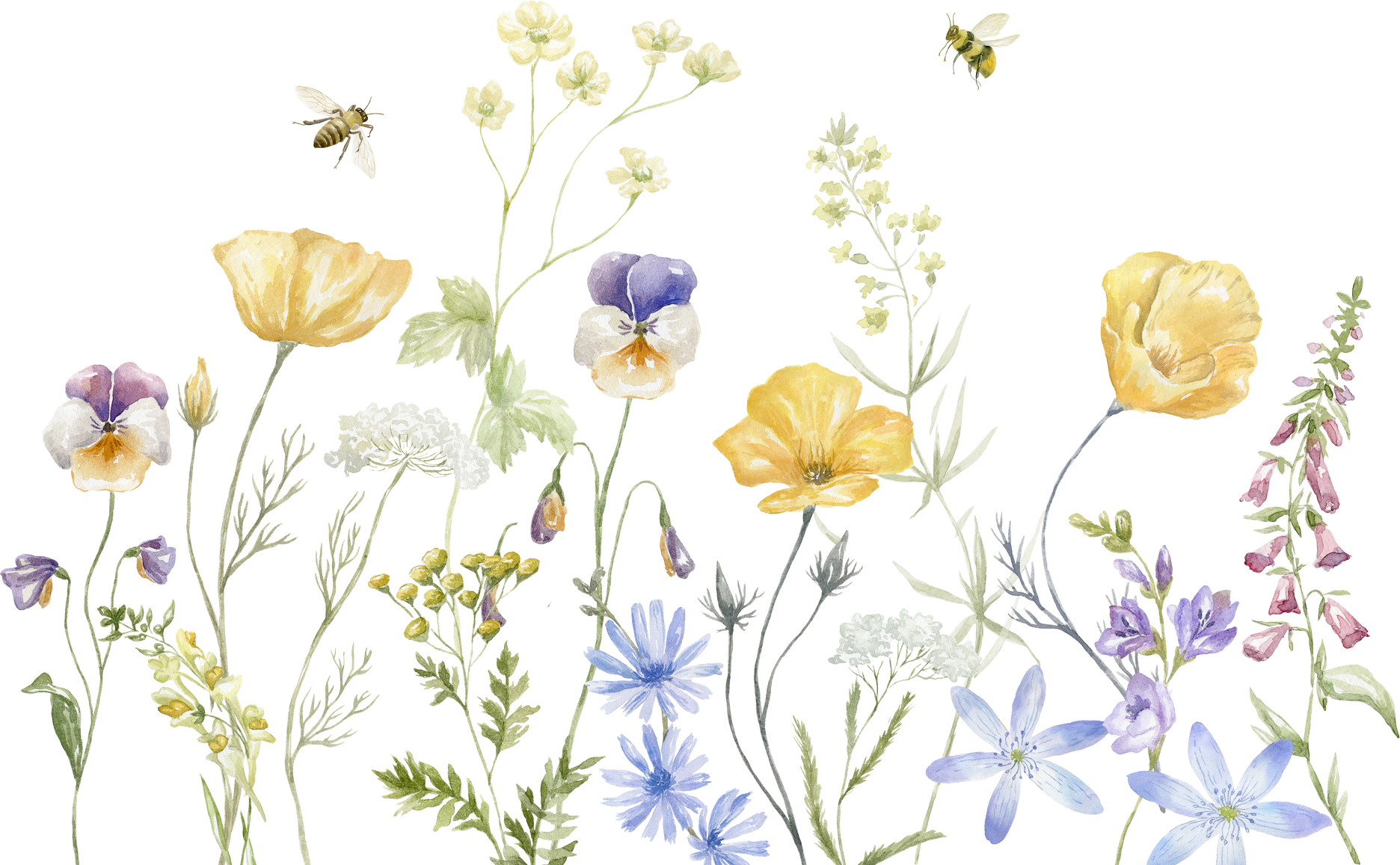 Watercolor Wildflowers Border with Bees.